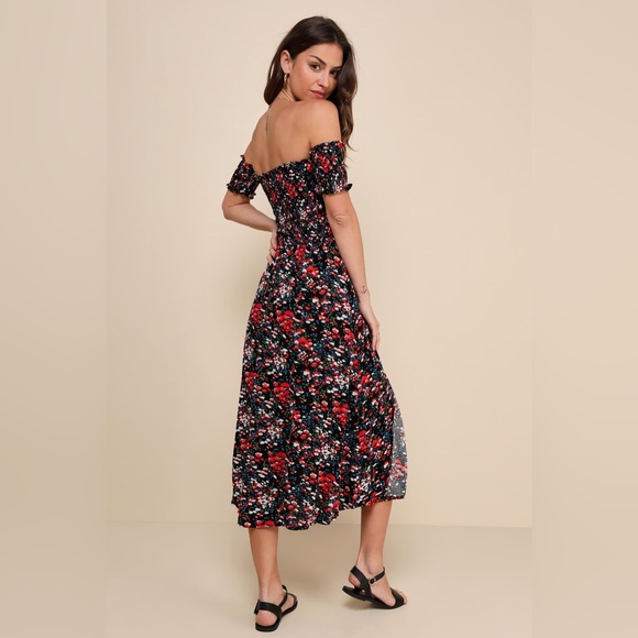 Black Floral Print Off-the-Shoulder Dress - Picture 2 of 4